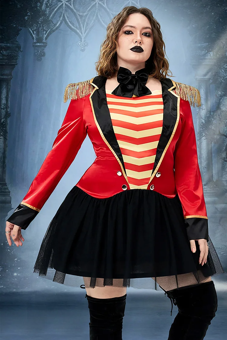Xpluswear Design Plus Size Halloween Costume Red Mesh Tulle Satin Mini Dress (With Bow Tie) 