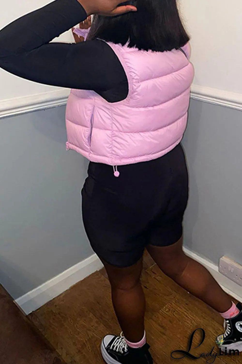 Pink Casual Solid Patchwork Zipper Outerwear