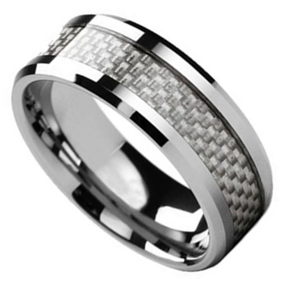 6MM 8MM Inlaid White Carbon Fiber Tungsten Rings Beveled Edge