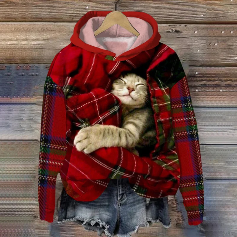 Check Cat Print Long Sleeve Casual Hoodie