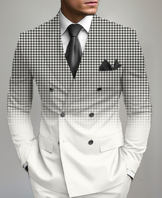 Business Houndstooth Ombre Print Peaked Lapel Double Breasted Blazer