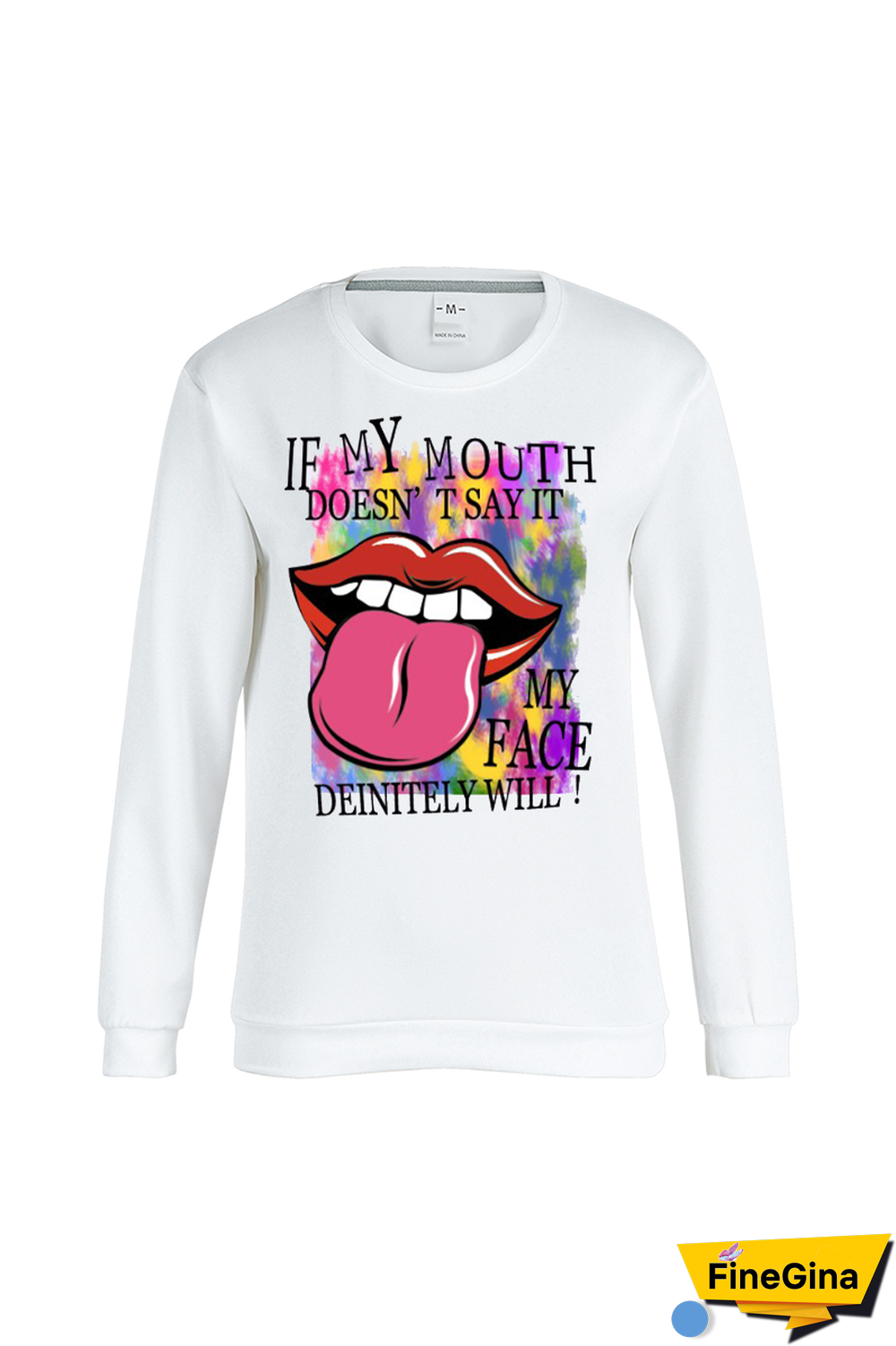 White Casual Street Lips Printed Patchwork O Neck Tops
