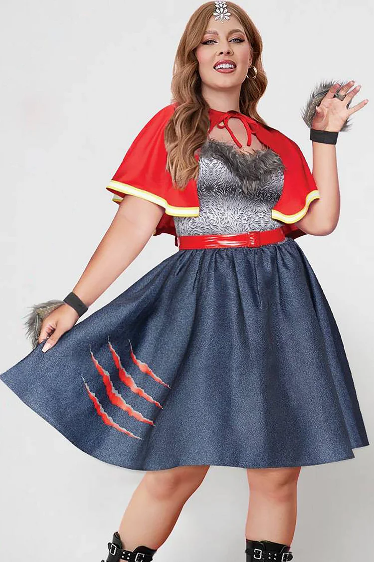 Xpluswear Design Plus Size Halloween Dress Red Feather Shawl Patchwork Mini Dress [Pre-Order]
