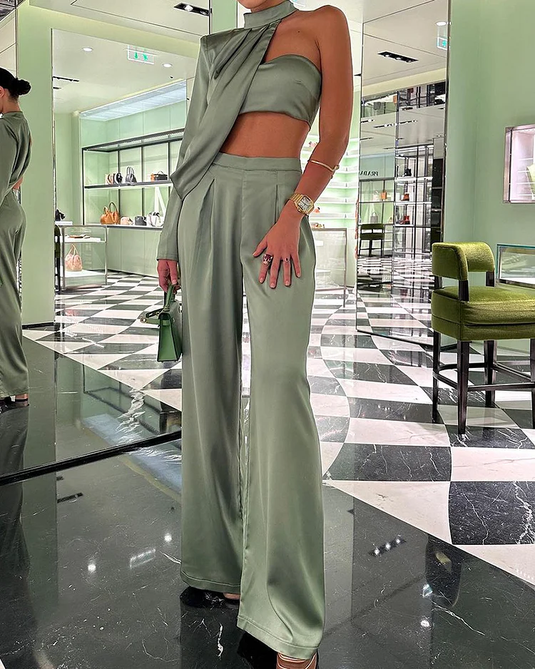 One-shoulder Halterneck Top and Pants Two-piece Suit