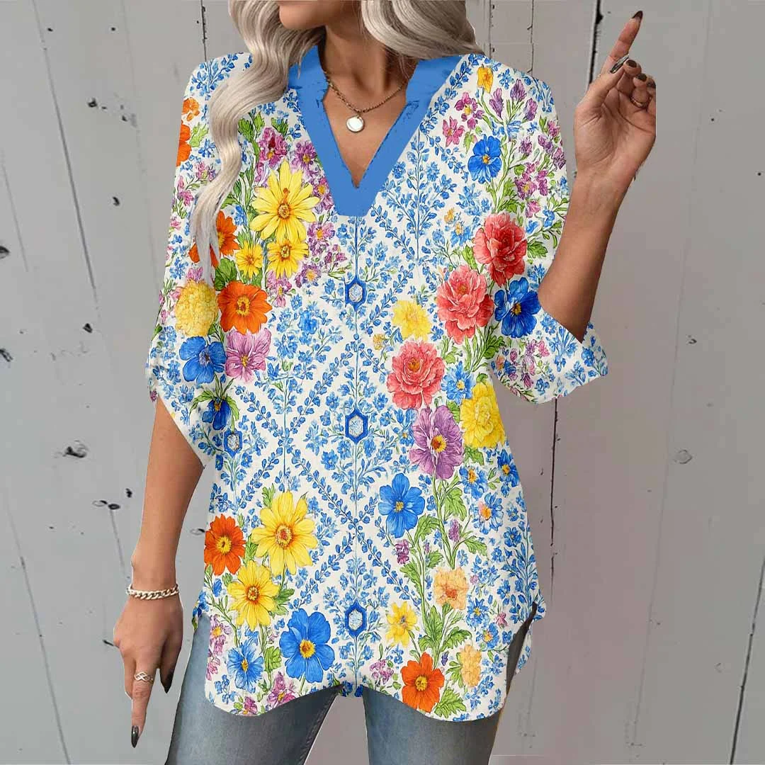 Women Floral, Blue, Yellow DZGA0163 3/4 Sleeve V-neck Printed Graphic Button Tops