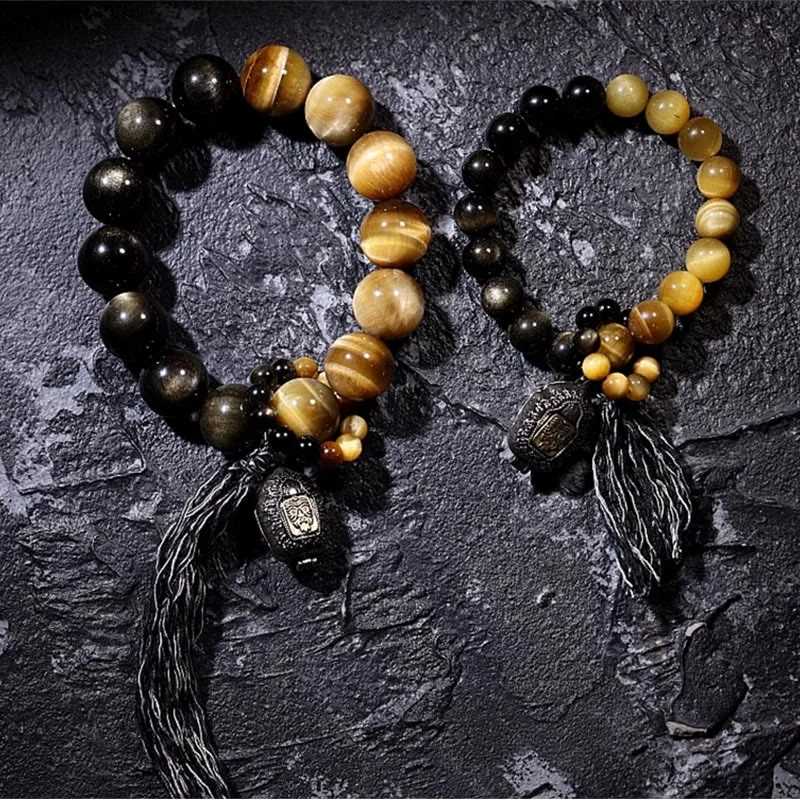 Natural Gold Sheen Obsidian Tiger Eye Wealth Tassel Bracelet