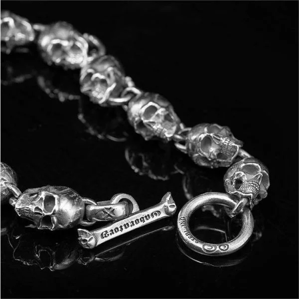 Sterling Silver Punk Skulls Link Chain Bracelet