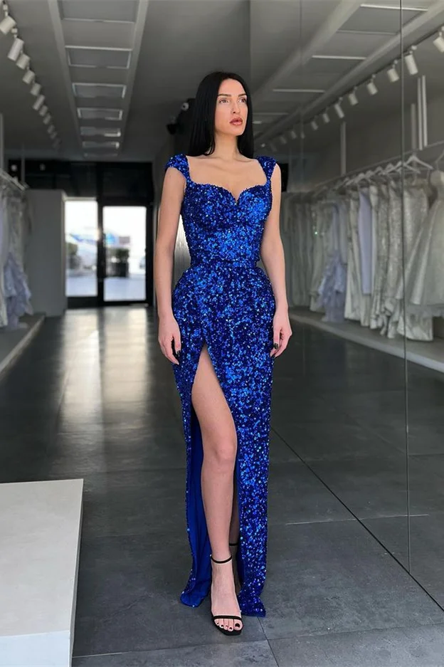 Royal Blue Cap Sleeves Long Sequins Prom Dress Mermaid With Split PD0765