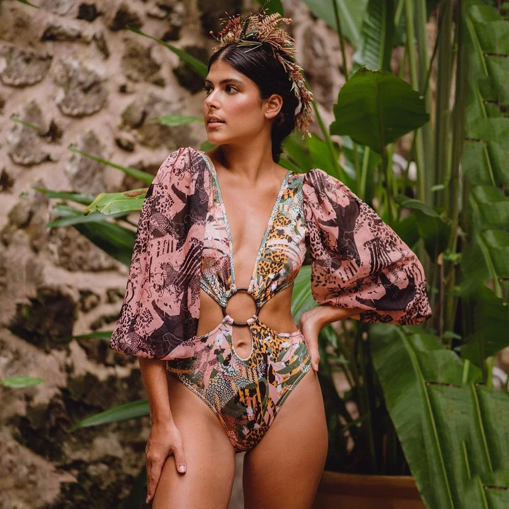 2022 New One Piece Swimsuit Print Retro Long Sleeve Swimwear Women Bandage Floral Bathing Suits Strappy Backless Beach Wear