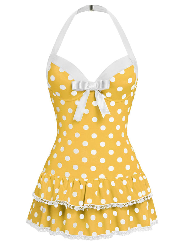 1940S HALTER POLKA DOTS BOW ONE-PIECE SWIMSUIT