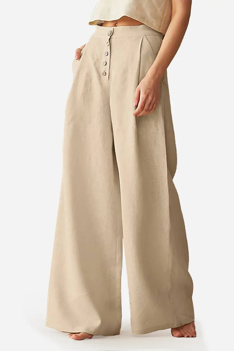 Button Pocket Wide Leg Linen Pants