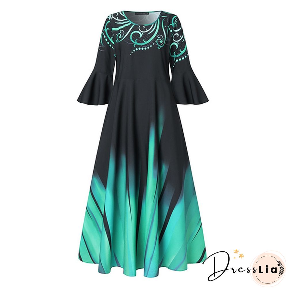Women Kaftan Party Color Printed Long Shirt Dress Casual Flare Sleeve O Neck Slim Maxi Sundress
