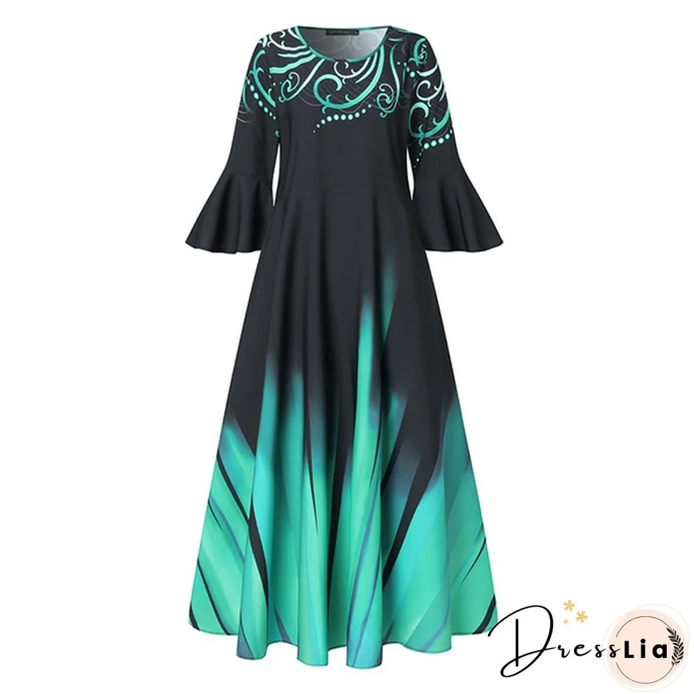 Women Kaftan Party Color Printed Long Shirt Dress Casual Flare Sleeve O Neck Slim Maxi Sundress
