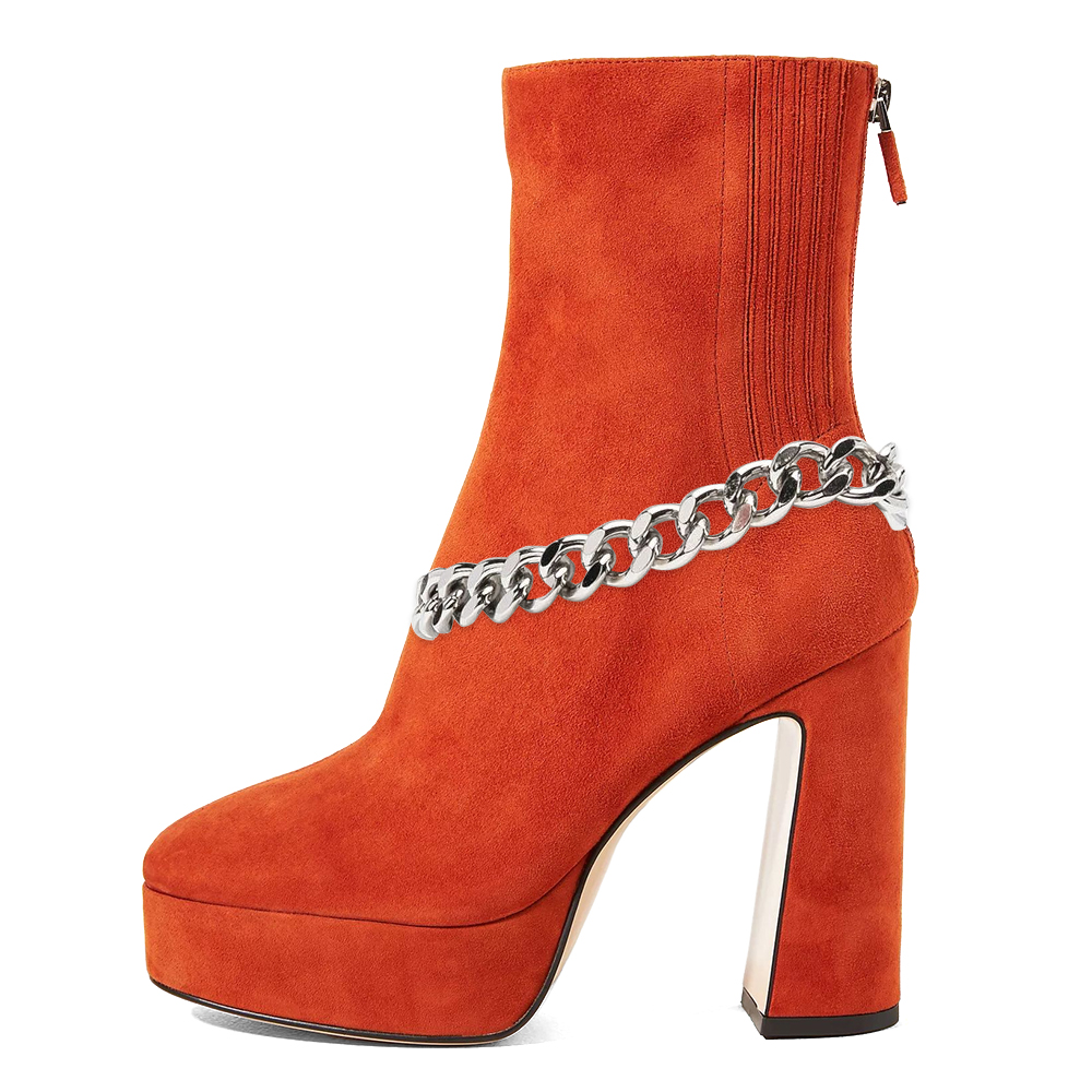 Orange Vegan Suede Elastic Panel Chunky Heel Platform Ankle Boots Nicepairs