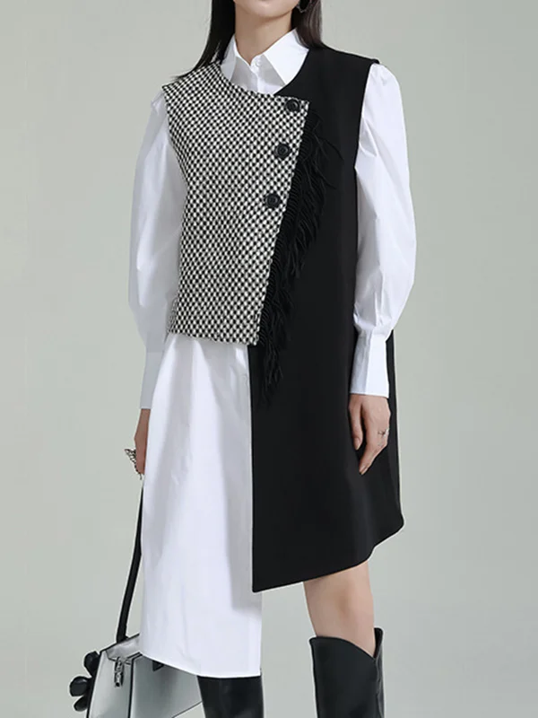 Sleeveless Asymmetric Buttoned Houndstooth Vest Outerwear
