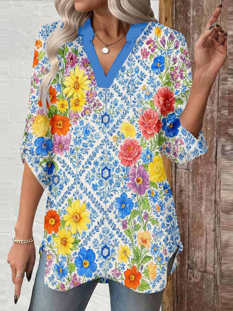 Women Floral, Blue, Yellow DZGA0163 3/4 Sleeve V-neck Printed Graphic Button Tops