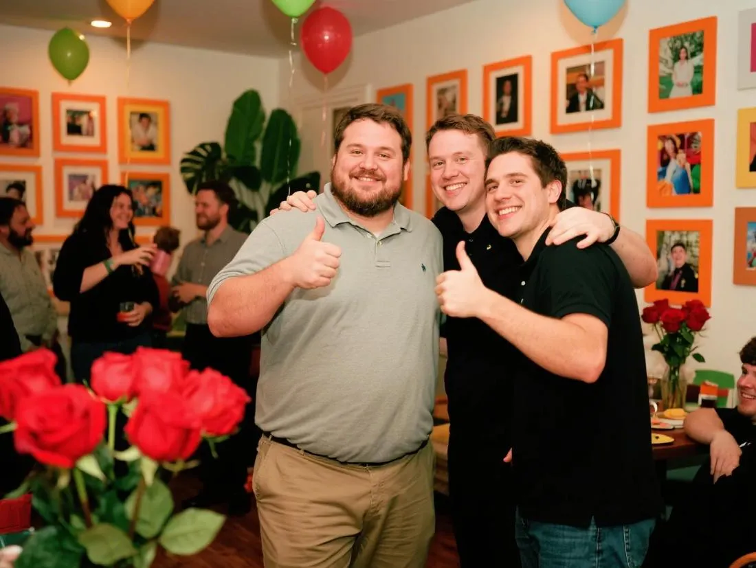 A big and tall man having a party in his 2-piece sets.