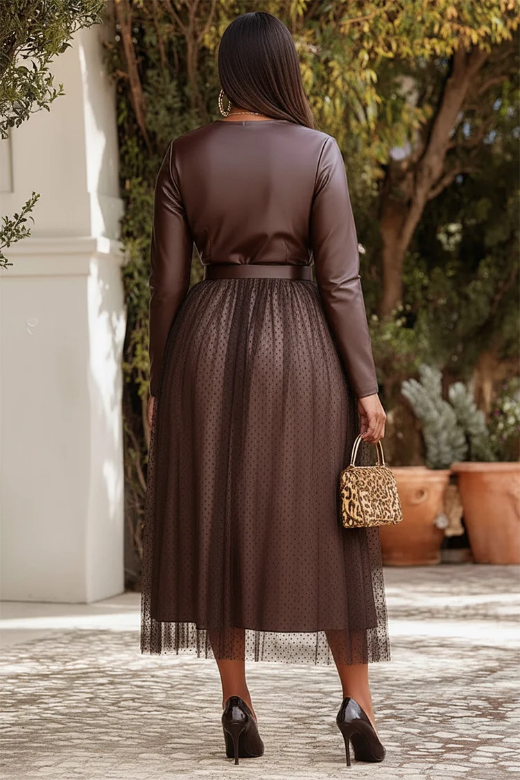 Xpluswear Design Plus Size Business Casual Brown Round Neck Long Sleeve Contrast Elegant Tulle PU Leather Midi Dresses [Pre-Order]