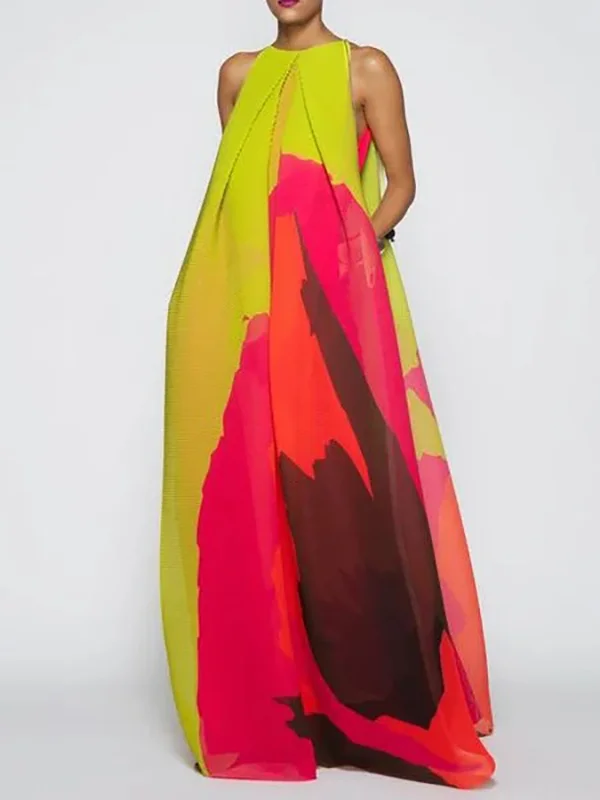 Effortless Elegance: Round-Neck Maxi Dresses in Loose Sleeveless Design with Multi-Colored Accents