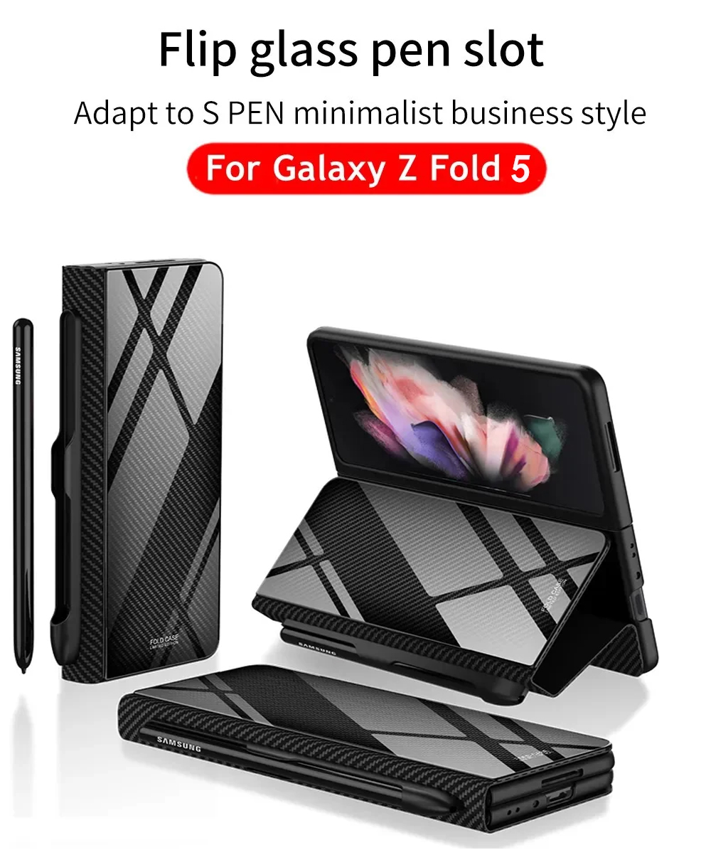 For Samsung Z FOLD5/4/3 S Pen Tray Leather and Tempered Glass Carbon Fiber Flip Cover