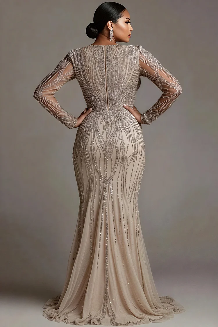 Xpluswear Design Plus Size Wedding Tulle Silver V Neck Long Sleeve Split Elegant Bodycon Sequin Maxi Dresses [Pre-Order]