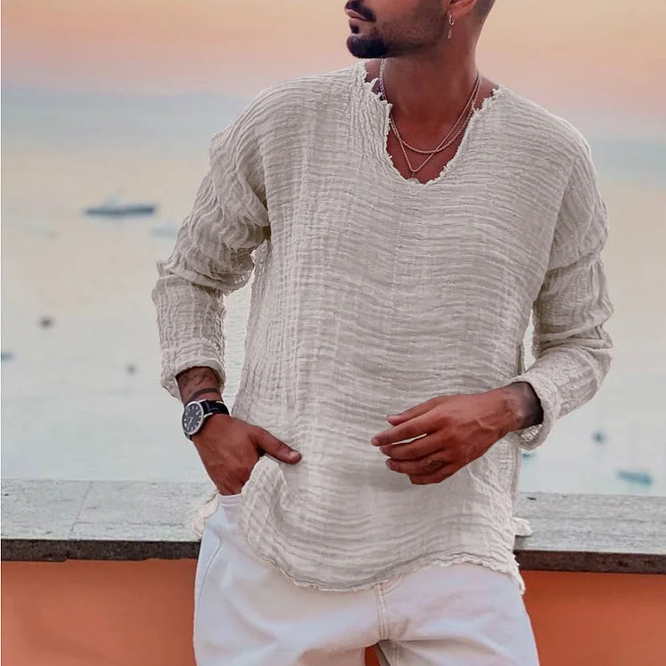 Men’s Linen Summer Casual Beach Shirt White Blue Brown Long Sleeve Plain V Neck Casual Daily Clothing Apparel