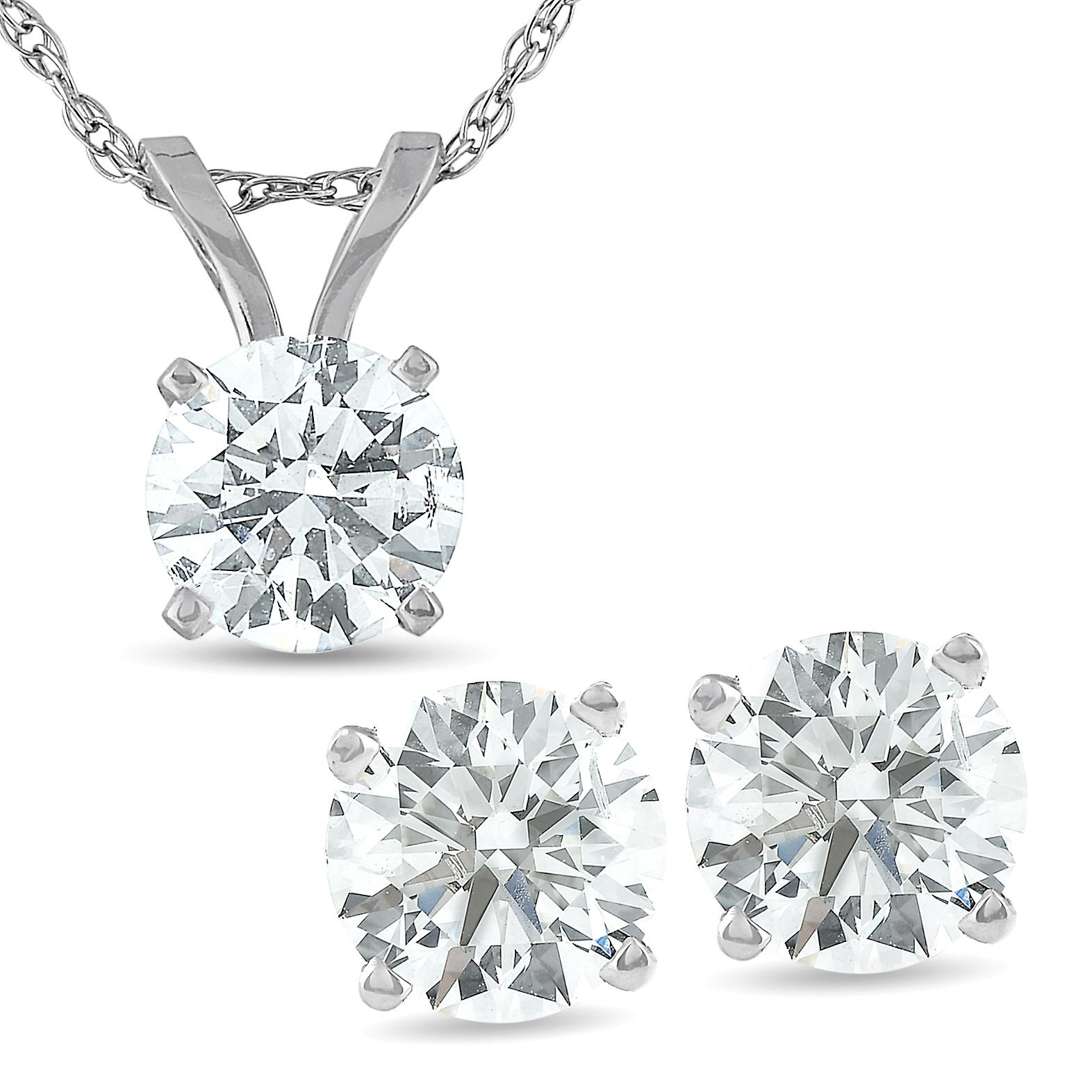 2 Cttw Diamond Solitaire Necklace & Studs Earrings Set 14K White Gold