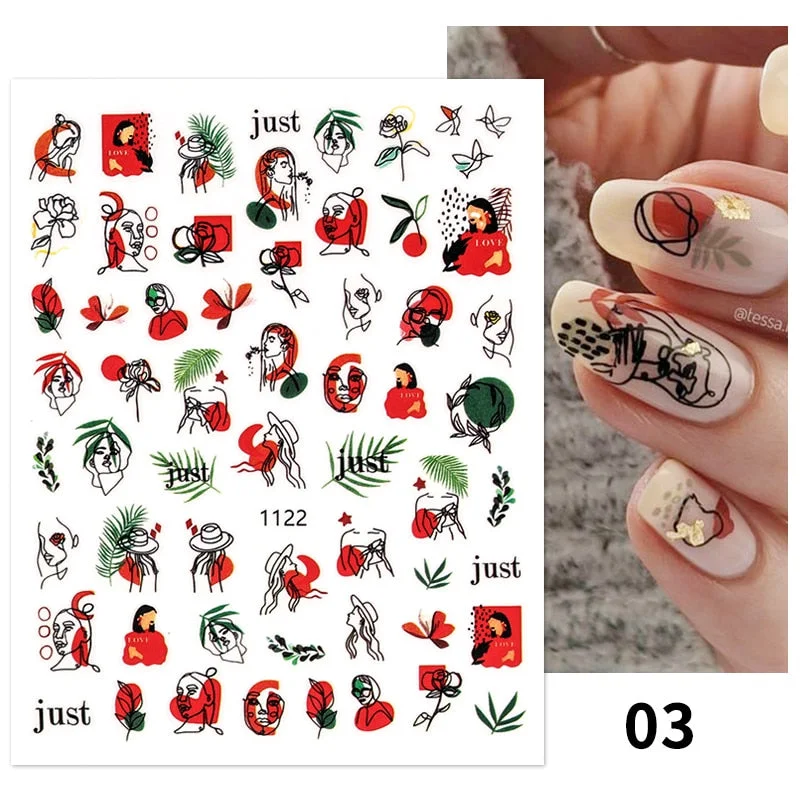 1PC 3D Nail Sticker Stick Figure Woman Face Pattern Special Transfer Picture Flowers Sliders Sticker DIY Nail Art Decoration