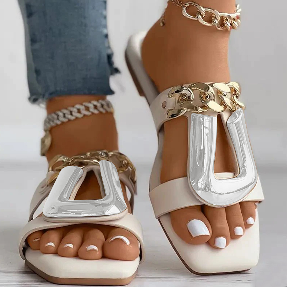 White Square Toe  U-shaped Chain Decor Flats Mules Nicepairs