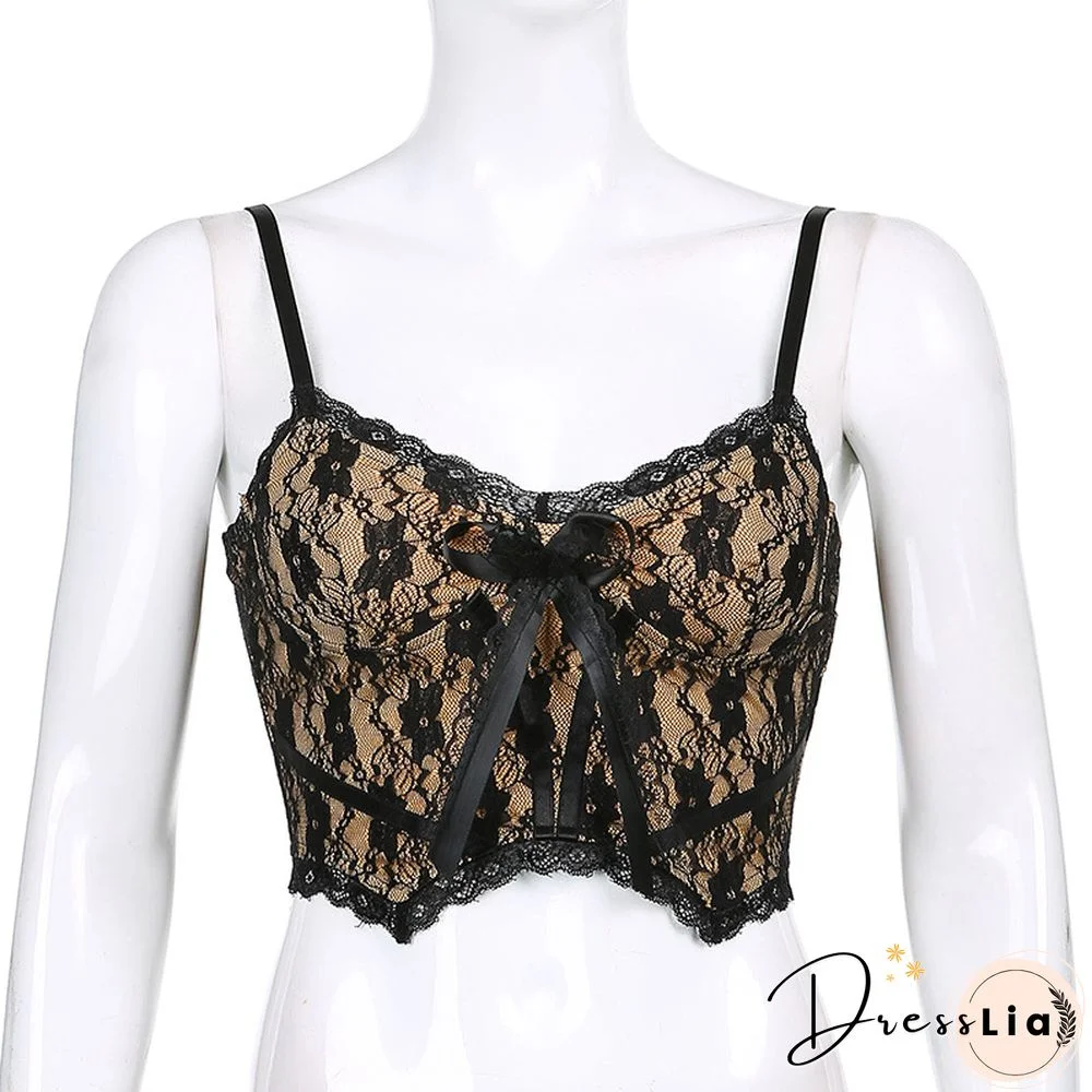 Womens Sexy Floral Lace Camisole Sleeveless Spaghetti Strap V Neck Crop Cami Tops With Bow