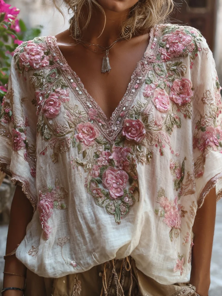 BOHEMIAN-STYLE PINK FLORAL EMBROIDERY V-NECK SHORT-SLEEVED SHIRT WITH SEQUINS