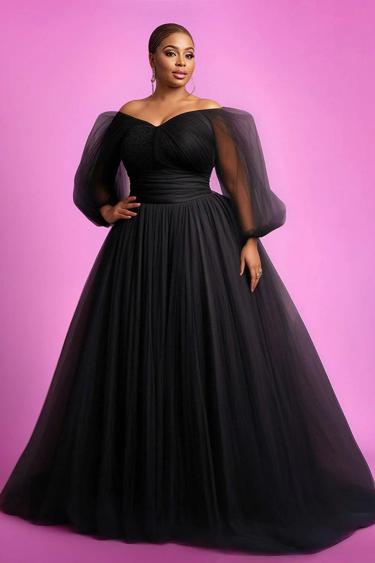 Xpluswear Design Plus Size Wedding Black Off The Shoulder Puff Sleeve Long Sleeve See Through Elegant Tulle Maxi Dresses [Pre-Order]