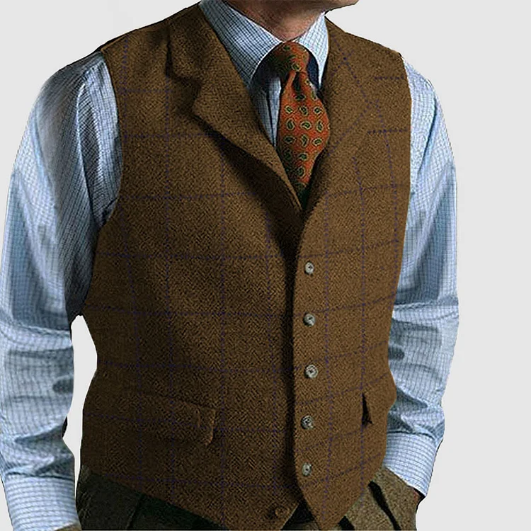 Men’s Vintage Plaid Basic Lapel Sleeveless Vest