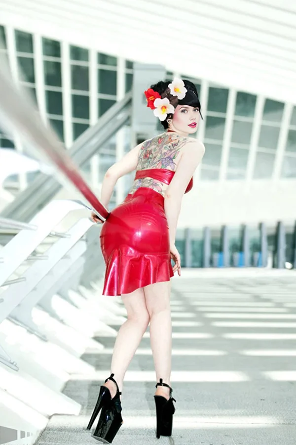 Women's Red Latex Dancer Neckholder Top & Skirt Set 