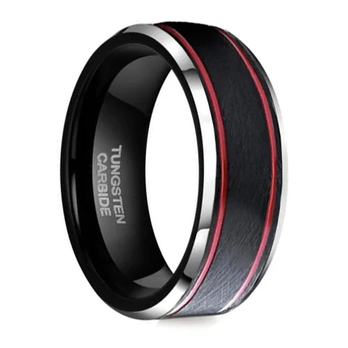 6MM 8MM Women's Or Men's Tungsten Carbide Wedding Matching Rings Black Matte Top with Two Red Stripes and Beveled Edges