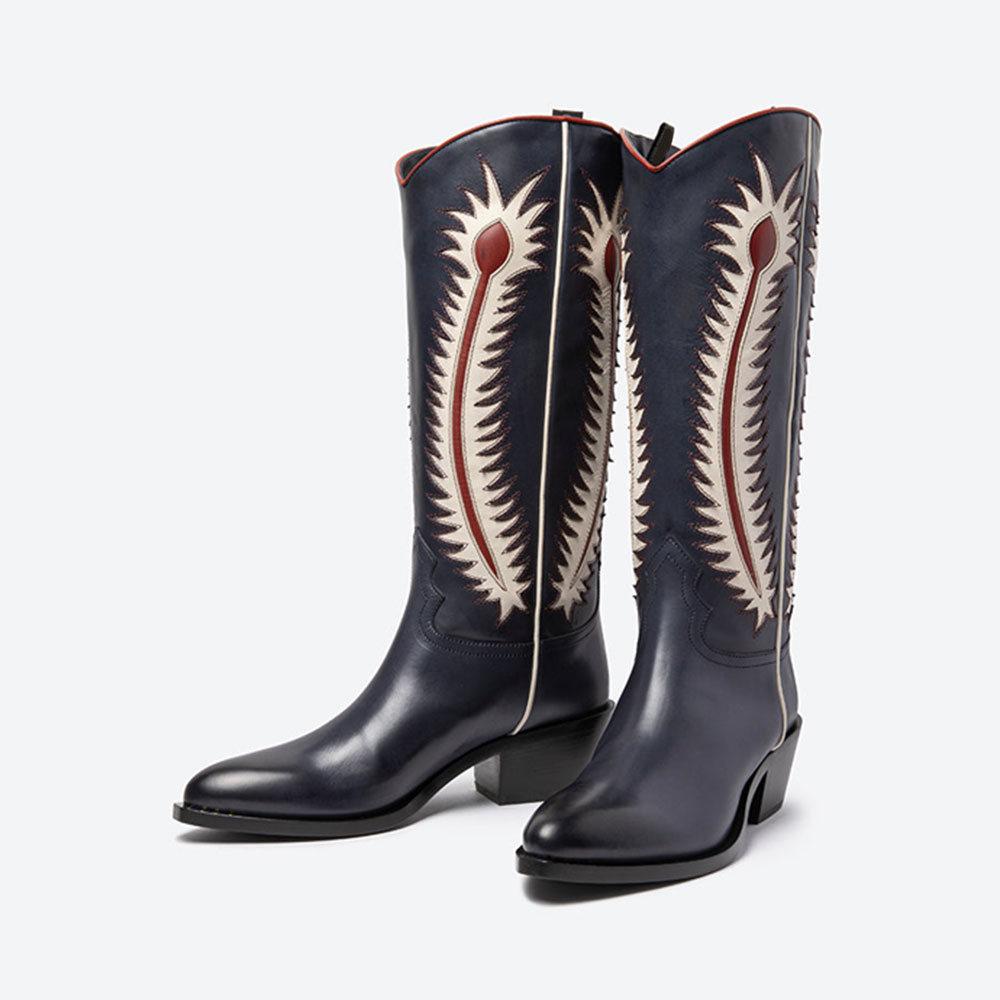 Navy Decor Stitching Almond Toe Chunky Heel Knee-High Cowgirl Boots Nicepairs