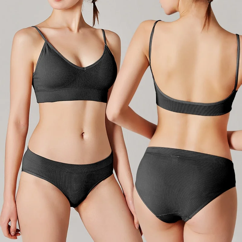 FINETOO Women Seamless Bra Set Push Up 1 Camis+1 Panty Lingerie Sports Underwear Active Sexy Thong Bra Fitness Bikini Crop Top