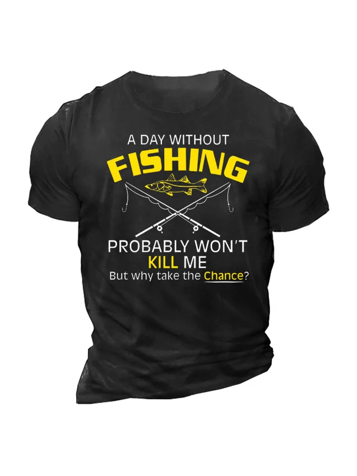 Fish Rod Fishing Print Loose Men's T-shirt-Cosfine
