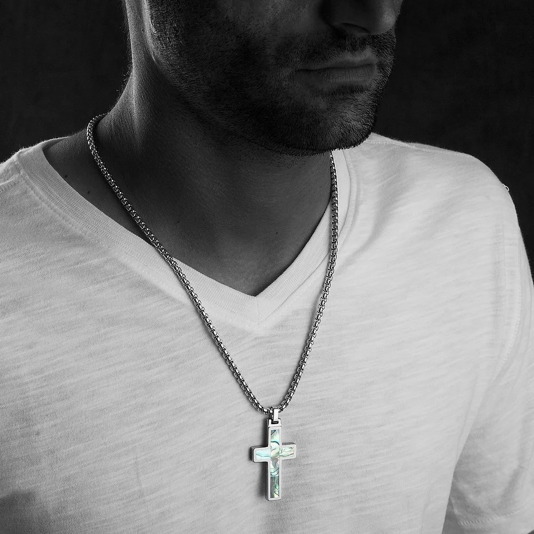 Women's Or Men's Unique Tungsten Cross Pendant Abalone Inlay Necklace Jewelry Gifts For Mens And Womens