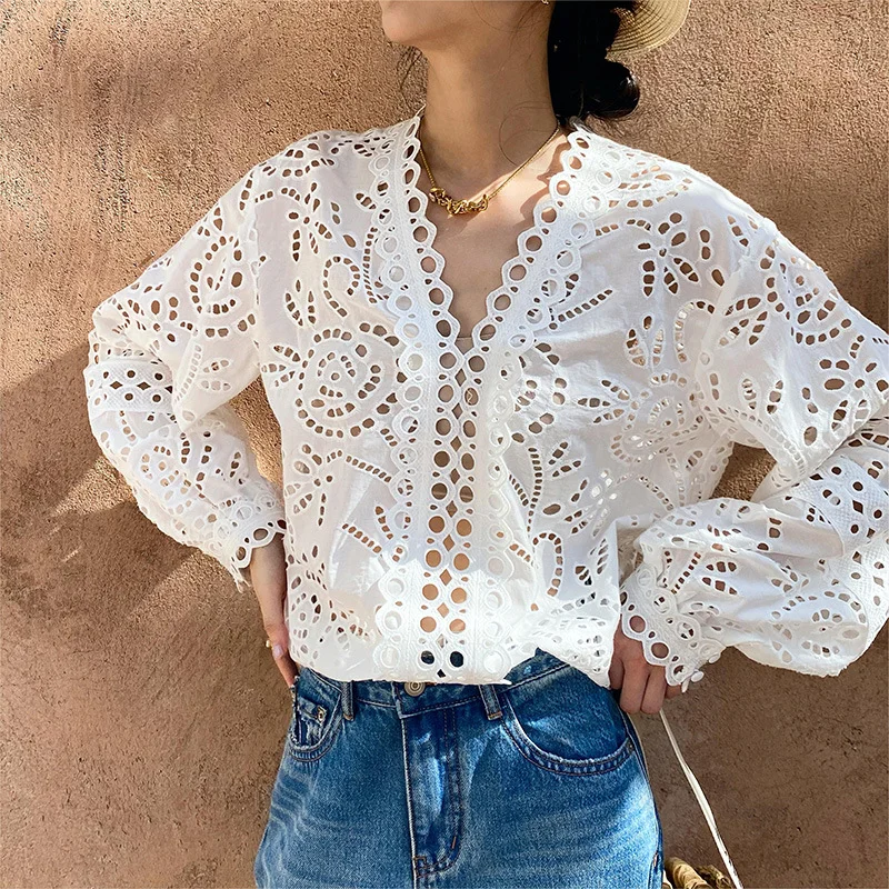 Mongw Mongw Spring And Summer Cotton Embroidery French White Shirt Women Long Sleeve Design Shirt Women Shenzhen Oil Women's Clothing