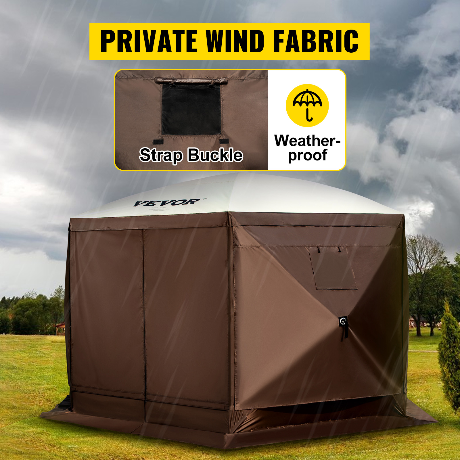 VEVOR camping gazebo with weatherproof fabric and strap buckle in a rainy outdoor setting.