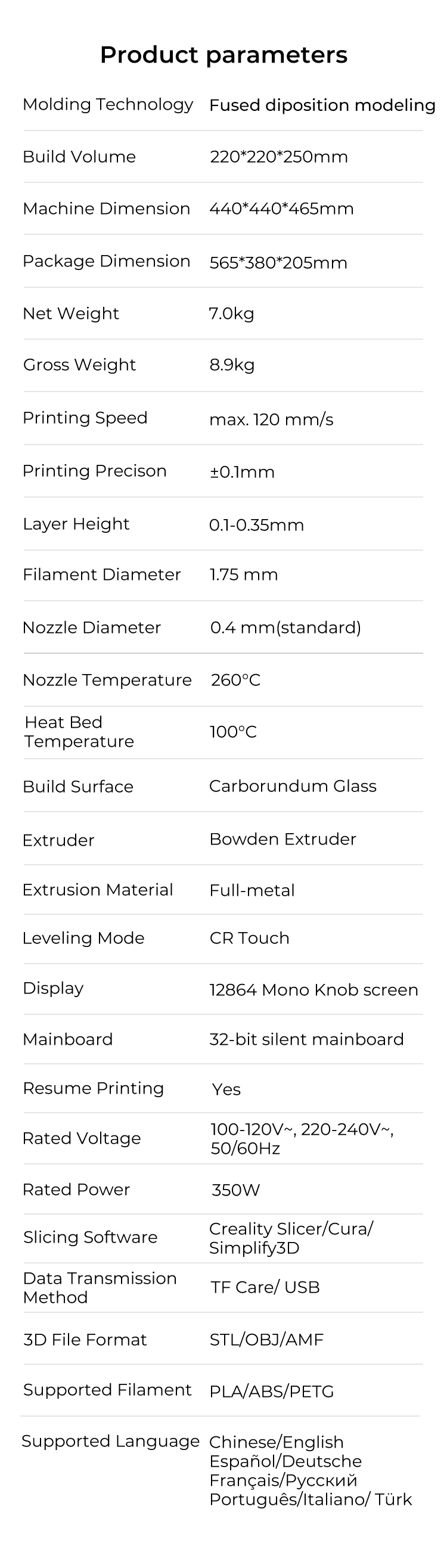 Creality Ender 3 Neo parameters