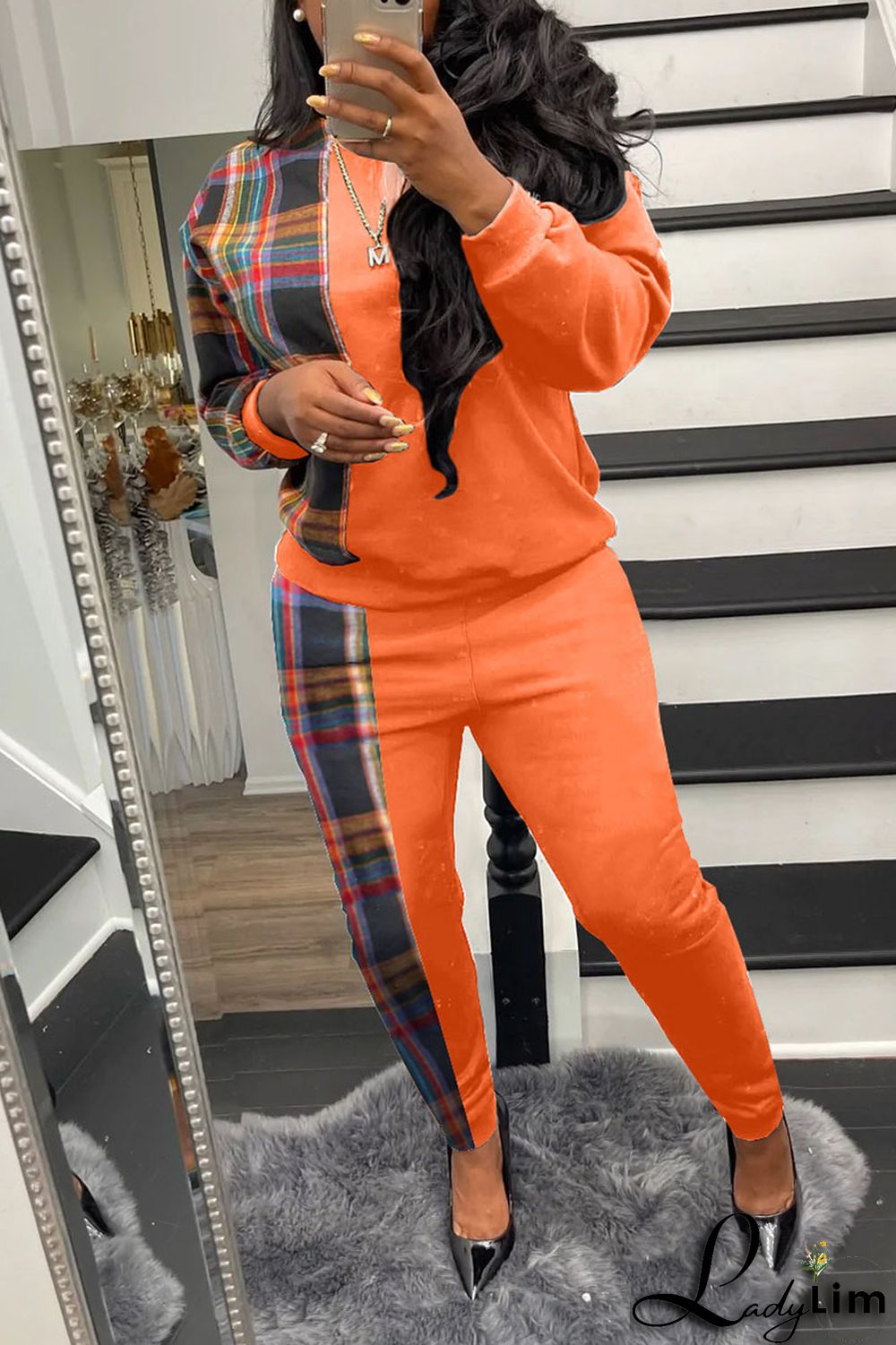 Grey Casual Plaid Print Patchwork O Neck Long Sleeve Two Pieces