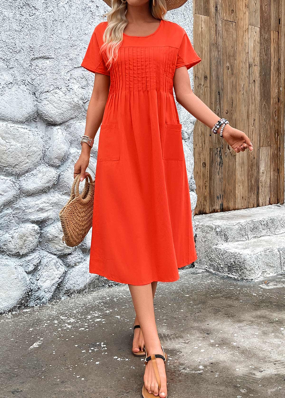 MODLILY DESIGN Navy Tuck Stitch Short Sleeve Round Neck Dress