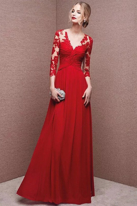 Ovlias Glamorous Red Long Sleeveless V-neck Applique Delicate Prom Dress LY0074
