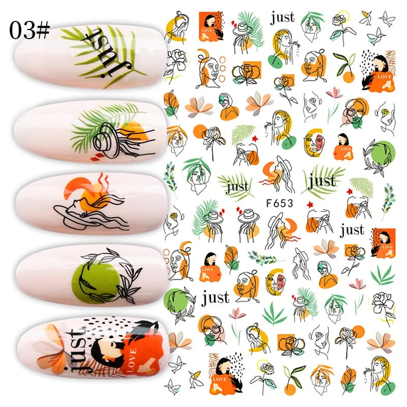 1PC 3D Nail Sticker Stick Figure Woman Face Pattern Special Transfer Picture Flowers Sliders Sticker DIY Nail Art Decoration
