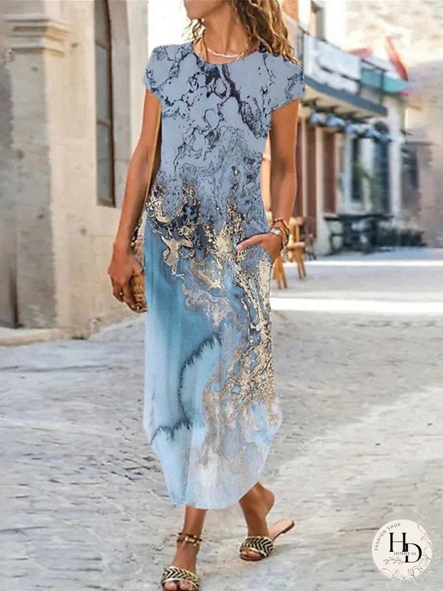 Casual Dress Shift Dress Summer Dress Ombre Marble Print Pocket Split Crew Neck Long Dress Maxi Dress Fashion Streetwear Outdoor Daily Short Sleeve Regular Fit Light Pink Pink Blue Summer for Women
