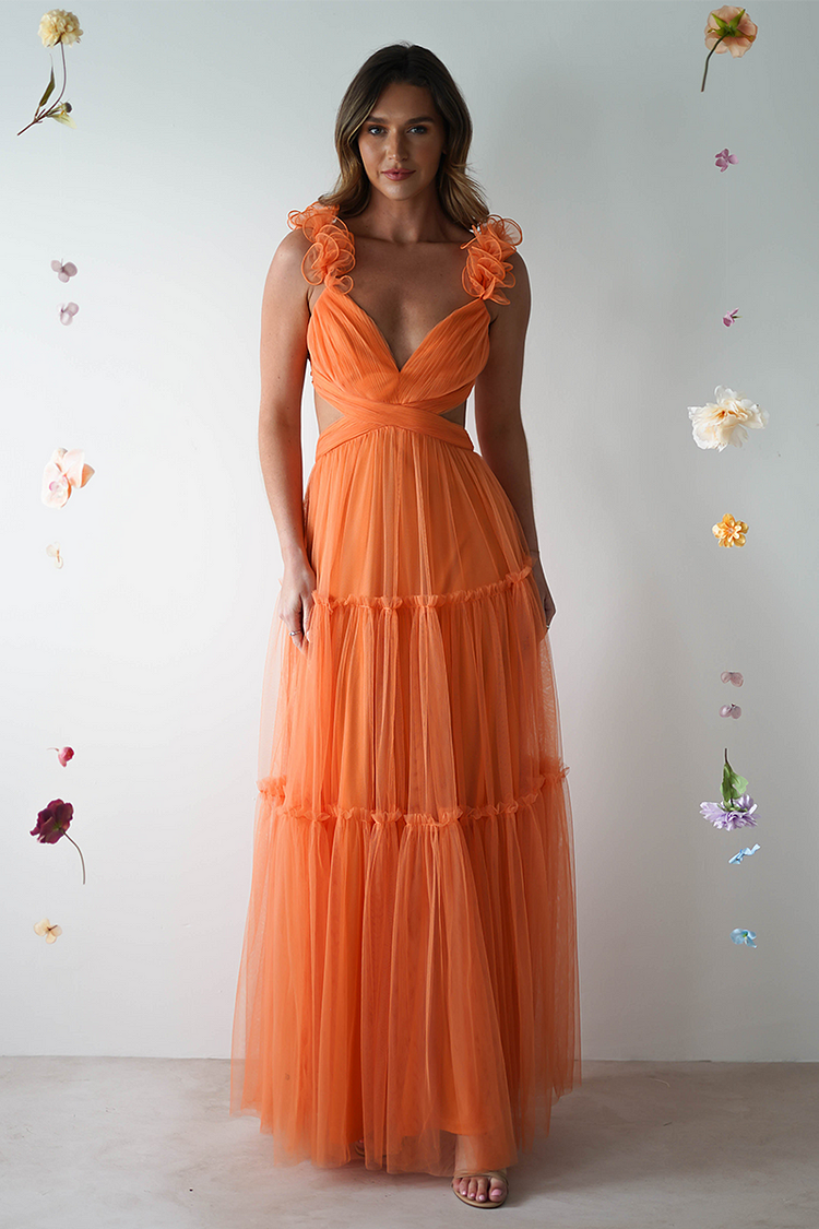 Petal Straps Deep V Neck Backless Tulle Gowns Maxi Dresses-Orange [Pre Order]