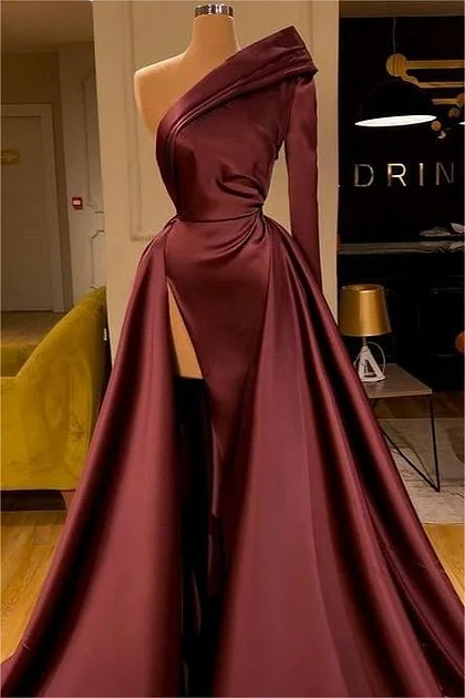 Oknass Stunning One Shoulder High Split Long Sleeve Pleated Prom Dress With Ruffles