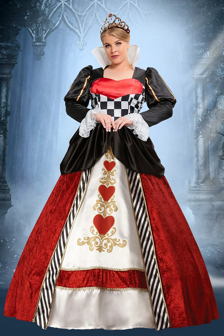 Xpluswear Design Plus Size Queen Of Hearts Halloween Costumes Checkered Print Lace Puff Sleeves Maxi Dress